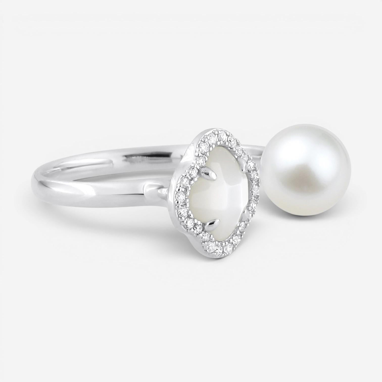 Morganne Bello Victoria Pearls 18K White Gold Pearl & Diamond Open Ring 3061WB21 — view 4