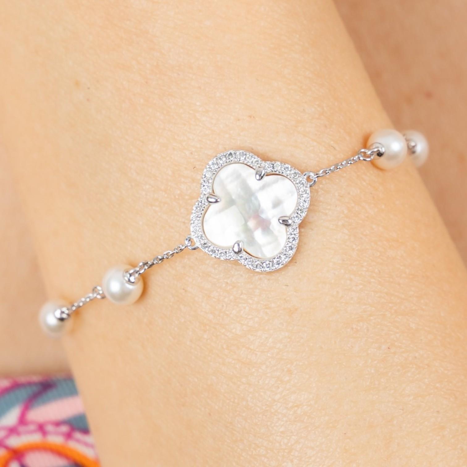 Morganne Bello Victoria Pearls 18K White Gold Pearl & Diamond Bracelet 3062WB111 — view 2
