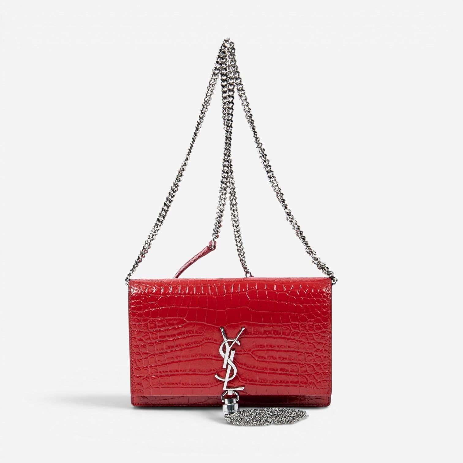 Yves Saint Laurent Kate Tassel Red Croc Embossed Leather Chain Wallet AAX2564
