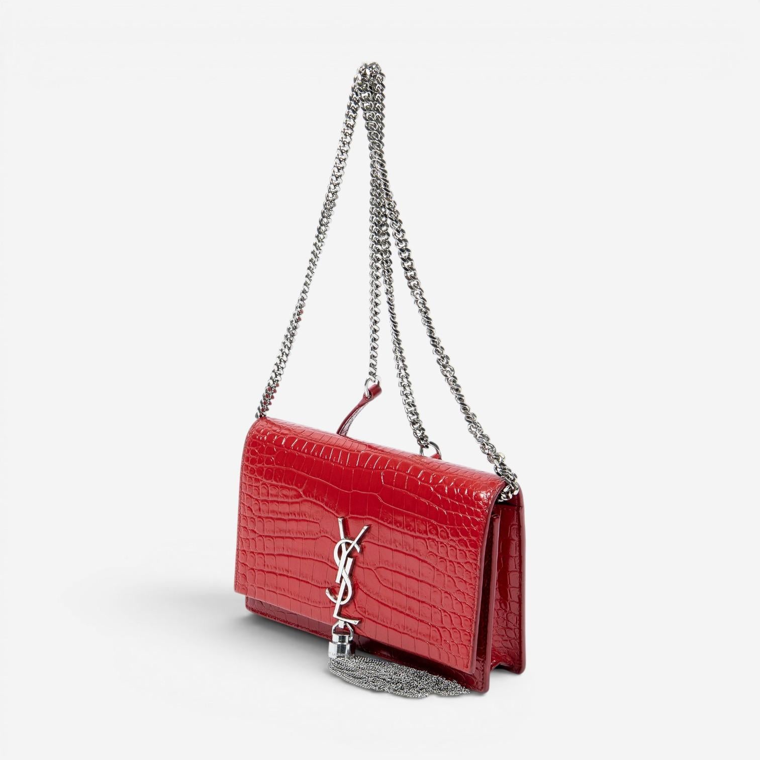 Yves Saint Laurent Kate Tassel Red Croc Embossed Leather Chain Wallet AAX2564 — view 2