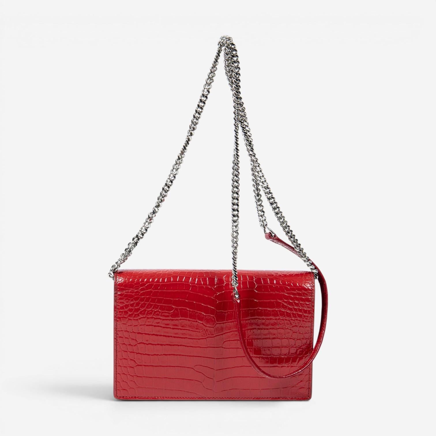 Yves Saint Laurent Kate Tassel Red Croc Embossed Leather Chain Wallet AAX2564 — view 5