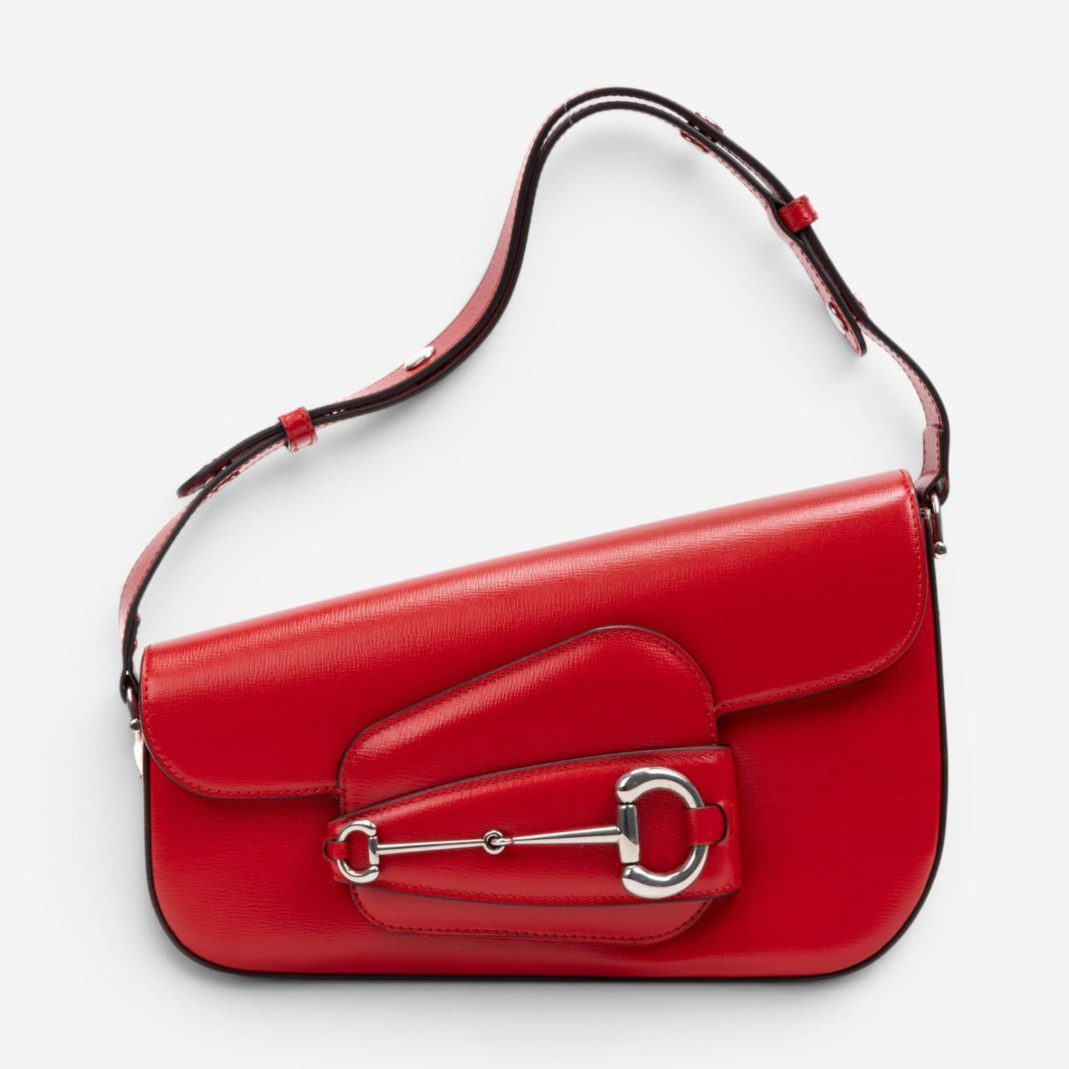 Gucci 1955 Horsebit Assymetric Small Red Calfskin Leather Shoulder Bag GTU0686