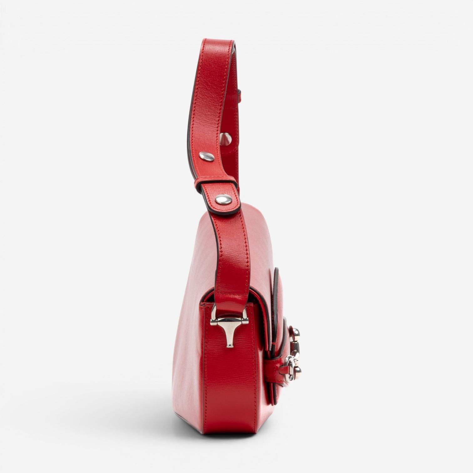 Gucci 1955 Horsebit Assymetric Small Red Calfskin Leather Shoulder Bag GTU0686 — view 4