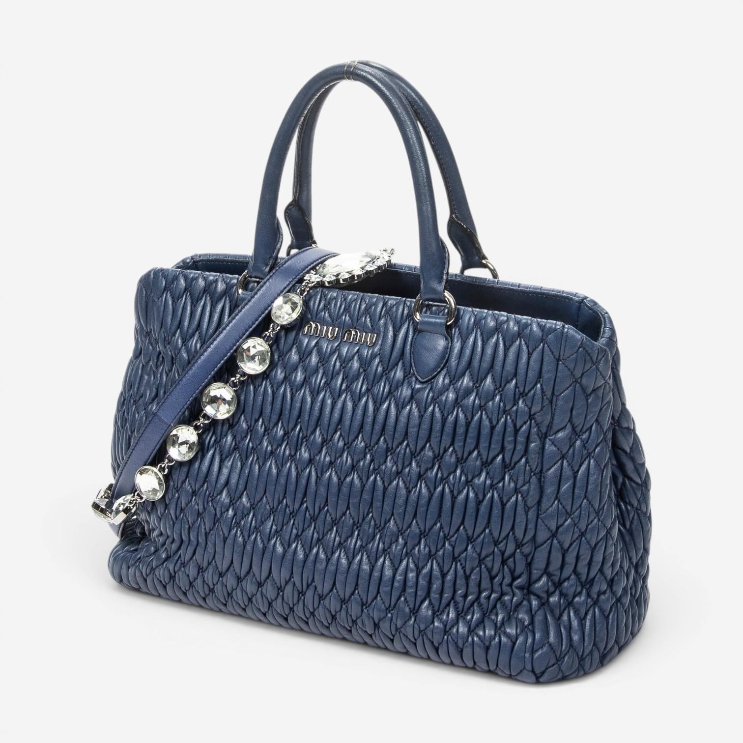 Miu Miu Square Crystal Blue Nappa Matelasse Leather Tote Bag ABC9449 — view 2