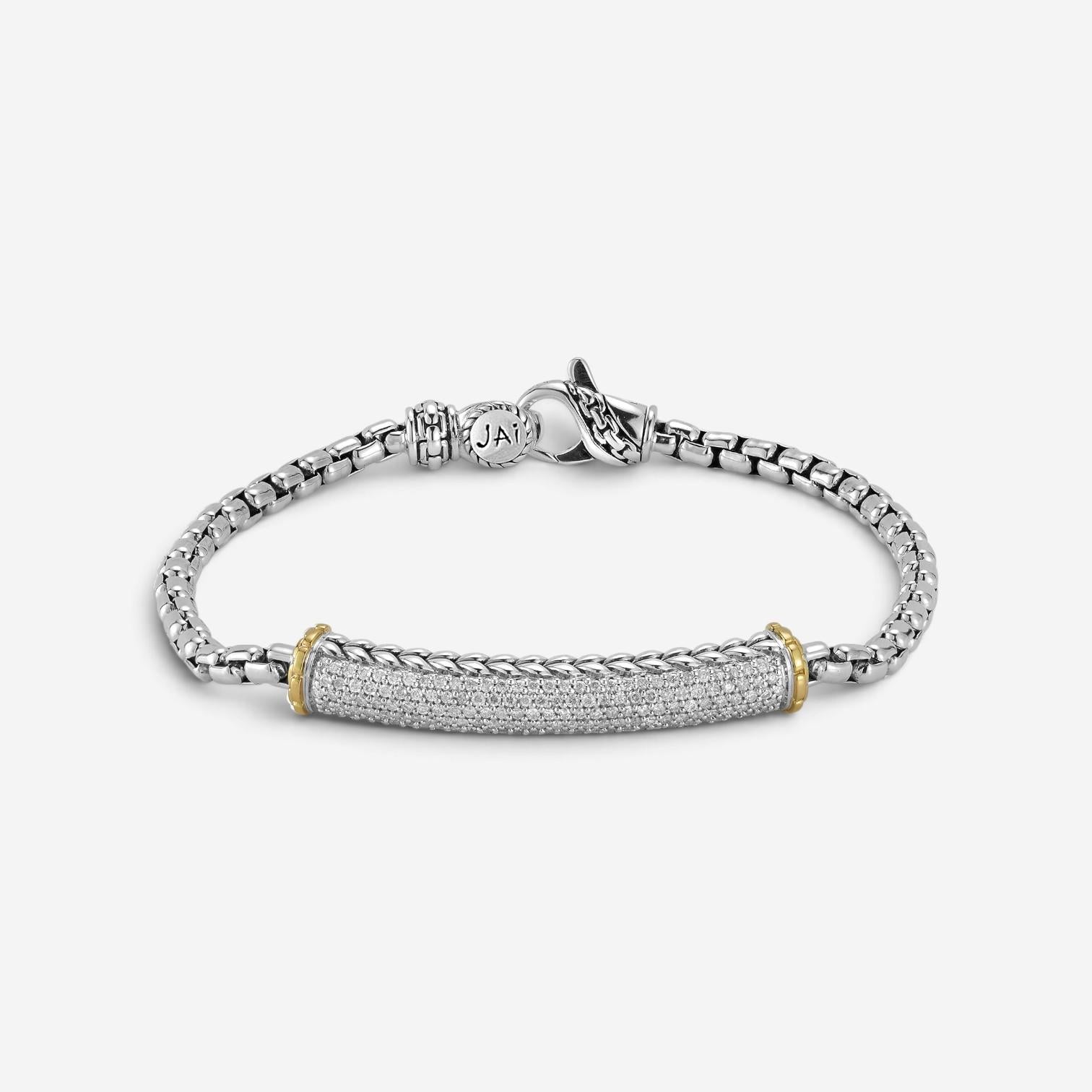 JAI Sterling Silver & 14K Yellow Gold Pave Diamond Box Chain Bracelet JJH6009BG