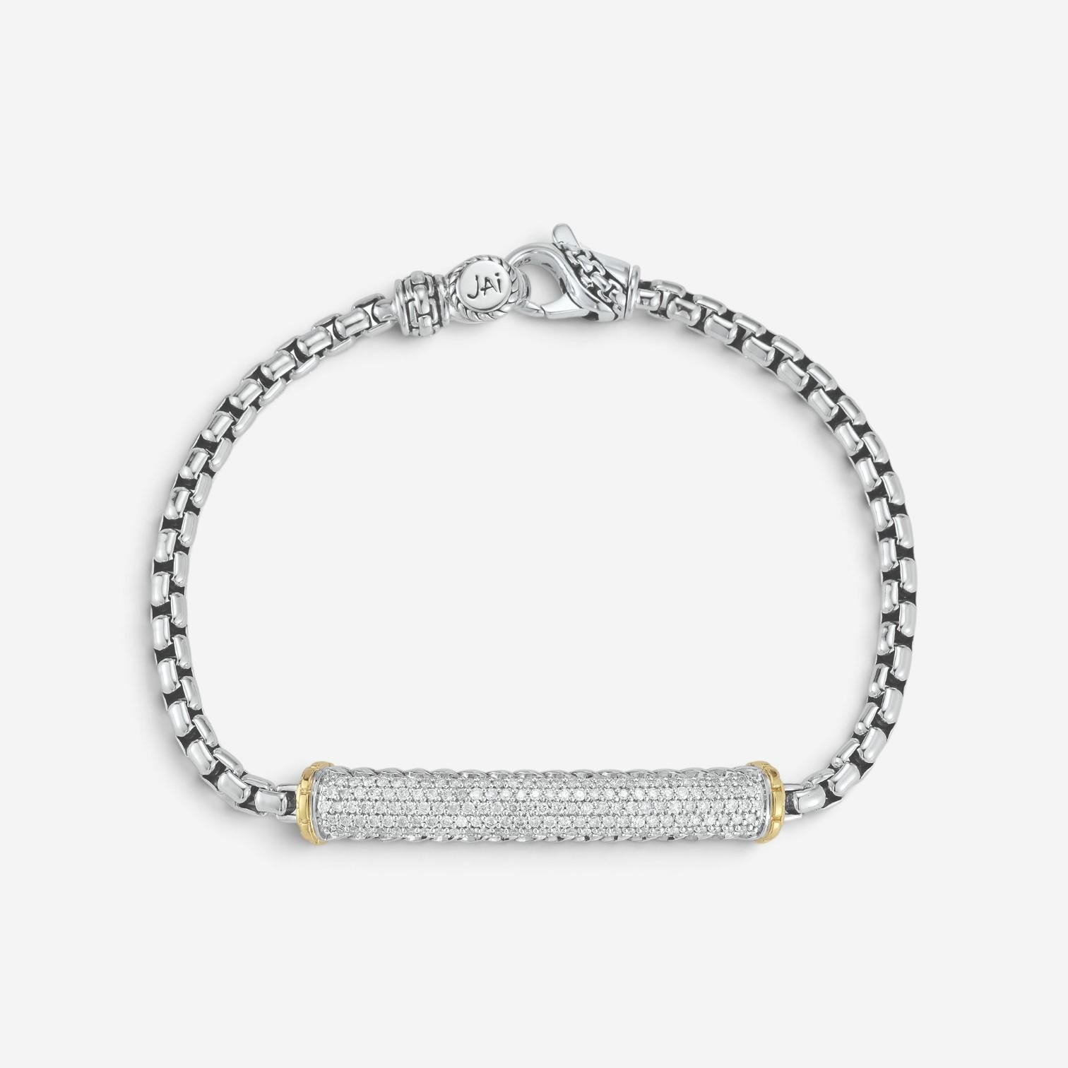 JAI Sterling Silver & 14K Yellow Gold Pave Diamond Box Chain Bracelet JJH6009BG — view 2
