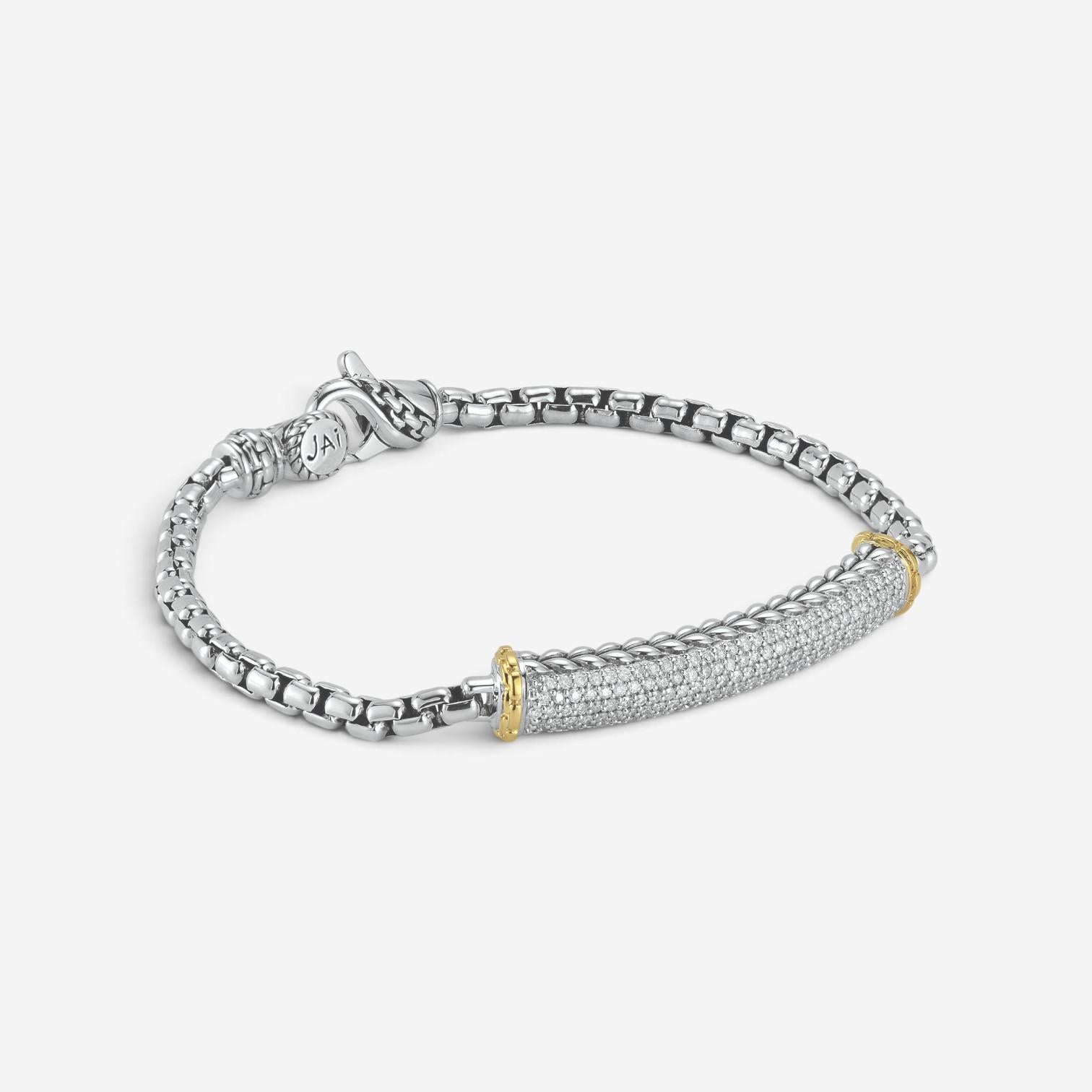 JAI Sterling Silver & 14K Yellow Gold Pave Diamond Box Chain Bracelet JJH6009BG — view 3