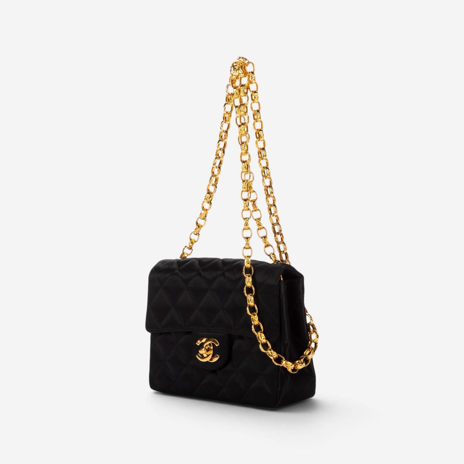 Chanel Classic Mini Timeless Black Satin Canvas Square Flap Bag EAG9064 — view 2