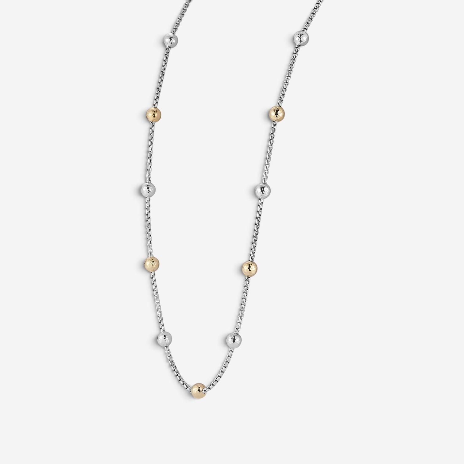 JAI Sterling Silver & 14K Yellow Gold Hammered Bead Box Chain Necklace JJH3027NG — view 3