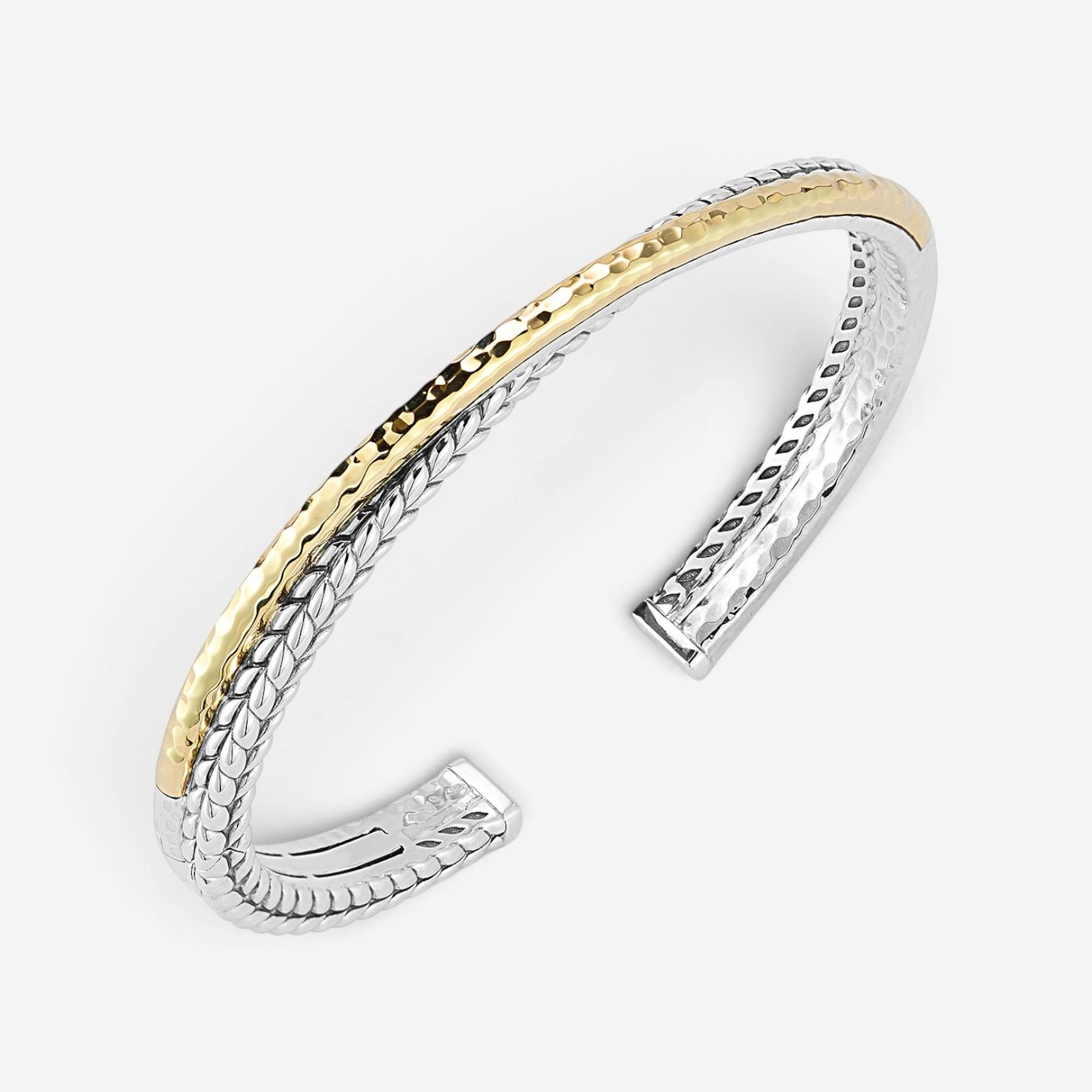 JAI Sterling Silver & 14K Yellow Gold Crossover Hinged Cuff Bangle Bracelet JJH5 — view 2