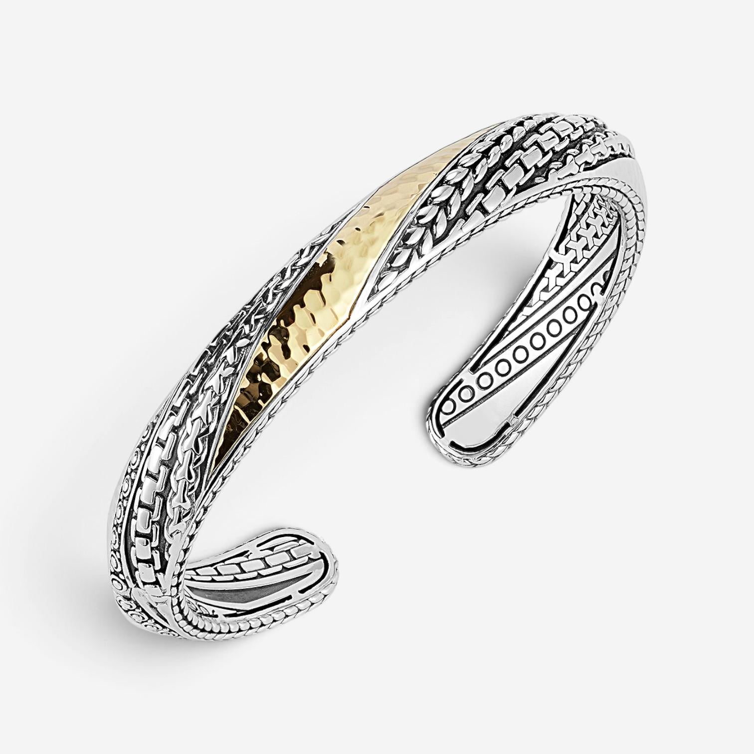 JAI Hammered Artisan Sterling Silver & 14K Yellow Gold Hinged Cuff Bracelet JJH5 — view 2