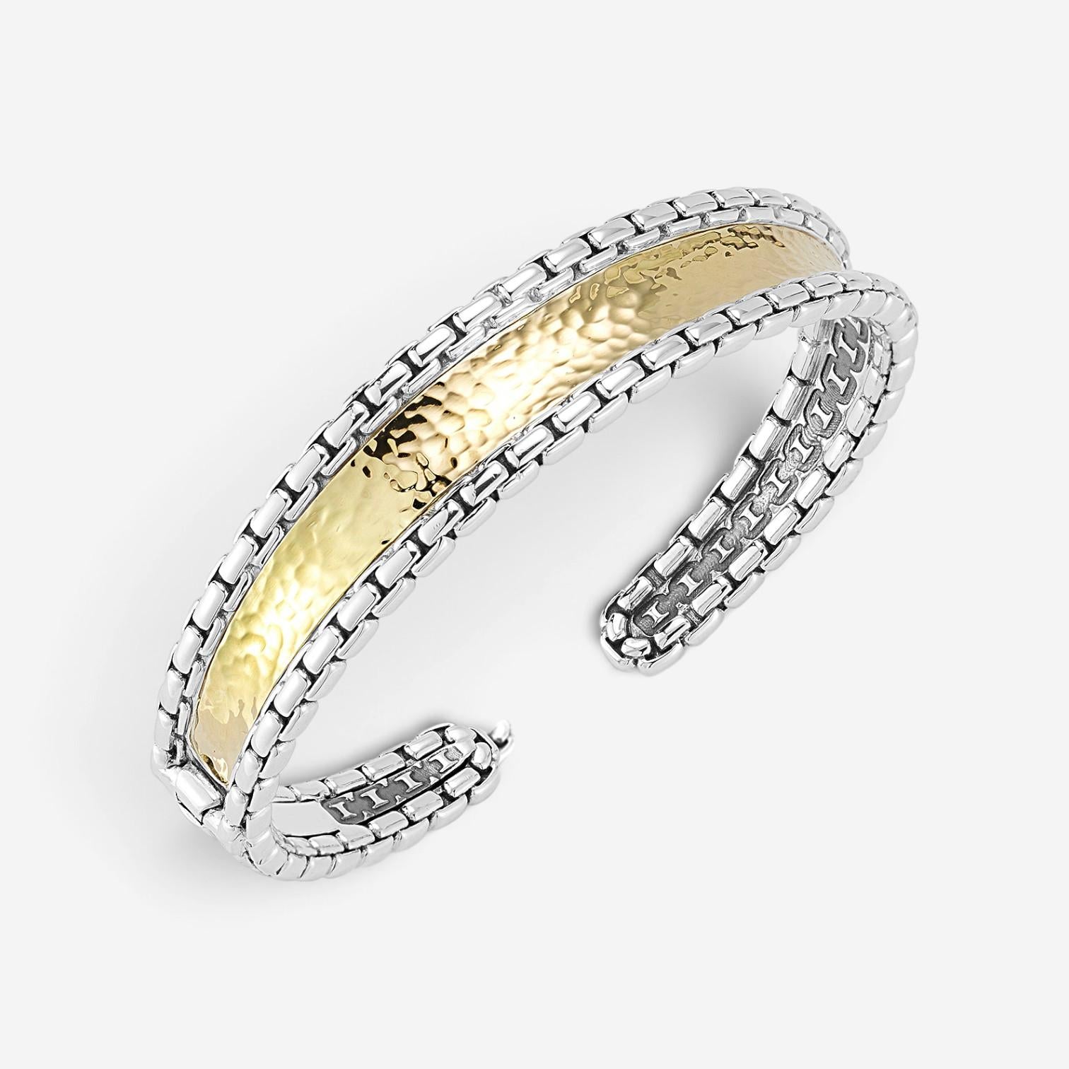 JAI Sterling Silver & 14K Yellow Gold Inlaid Hammered Cuff Bangle Bracelet JJH30 — view 2