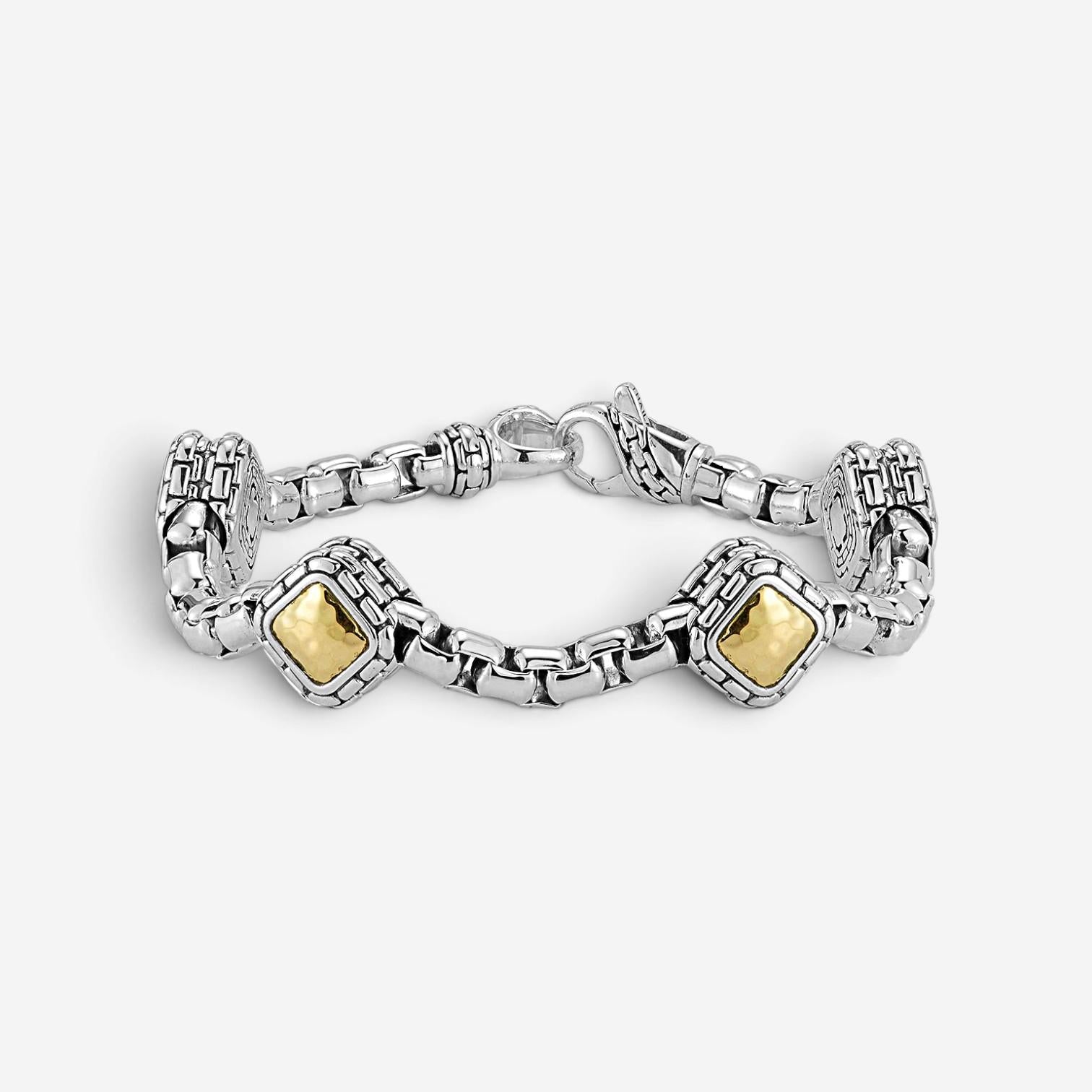 JAI Sterling Silver & 14K Yellow Gold Box Chain & Hammered Station Bracelet JJH3 — view 2