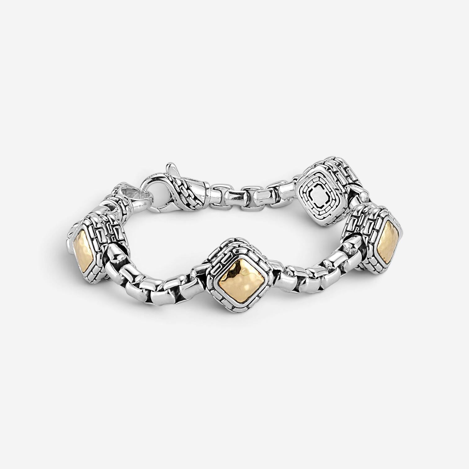 JAI Sterling Silver & 14K Yellow Gold Box Chain & Hammered Station Bracelet JJH3 — view 3