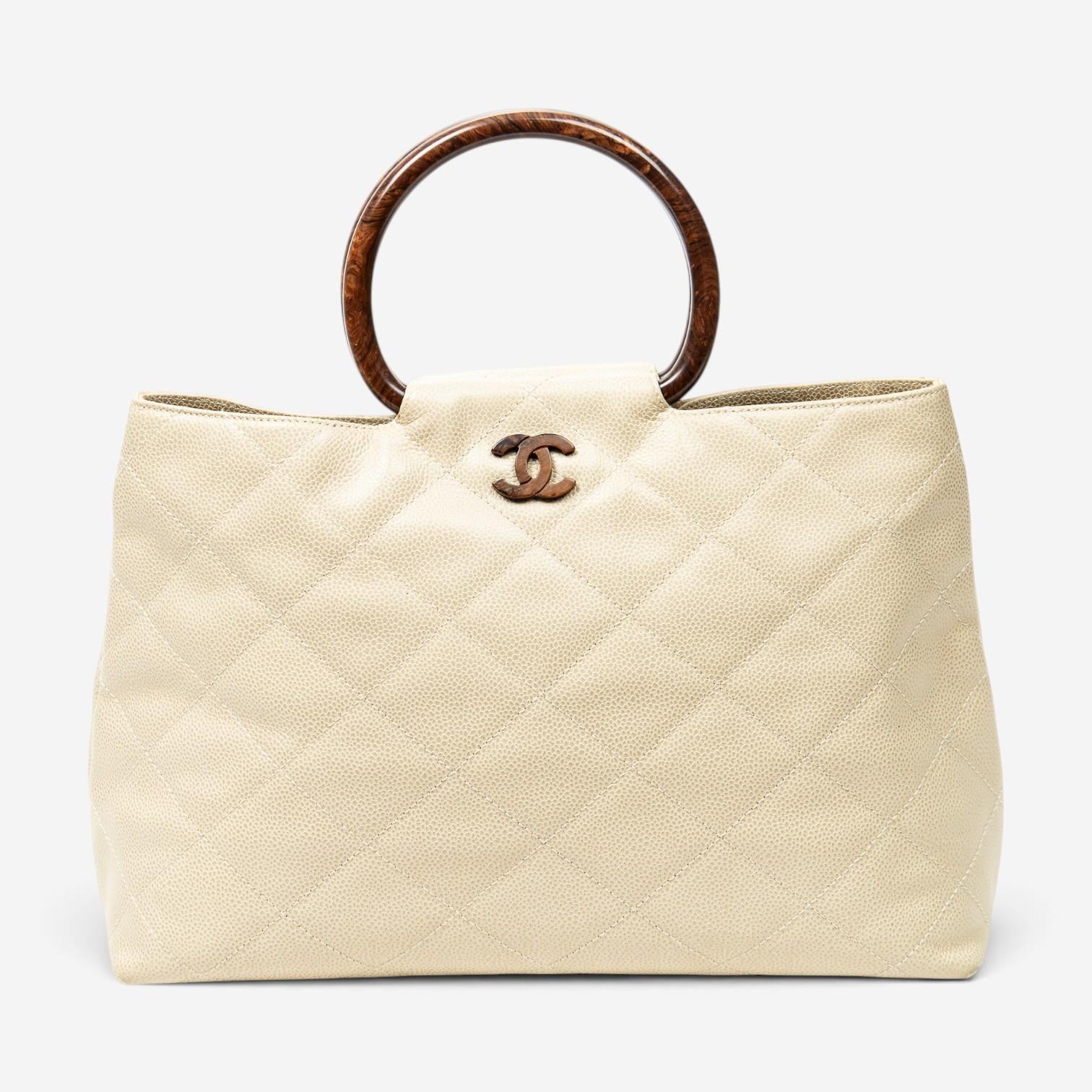 Chanel CC Ivory/Brown Calf Leather Wood Handle Tote ABD2842