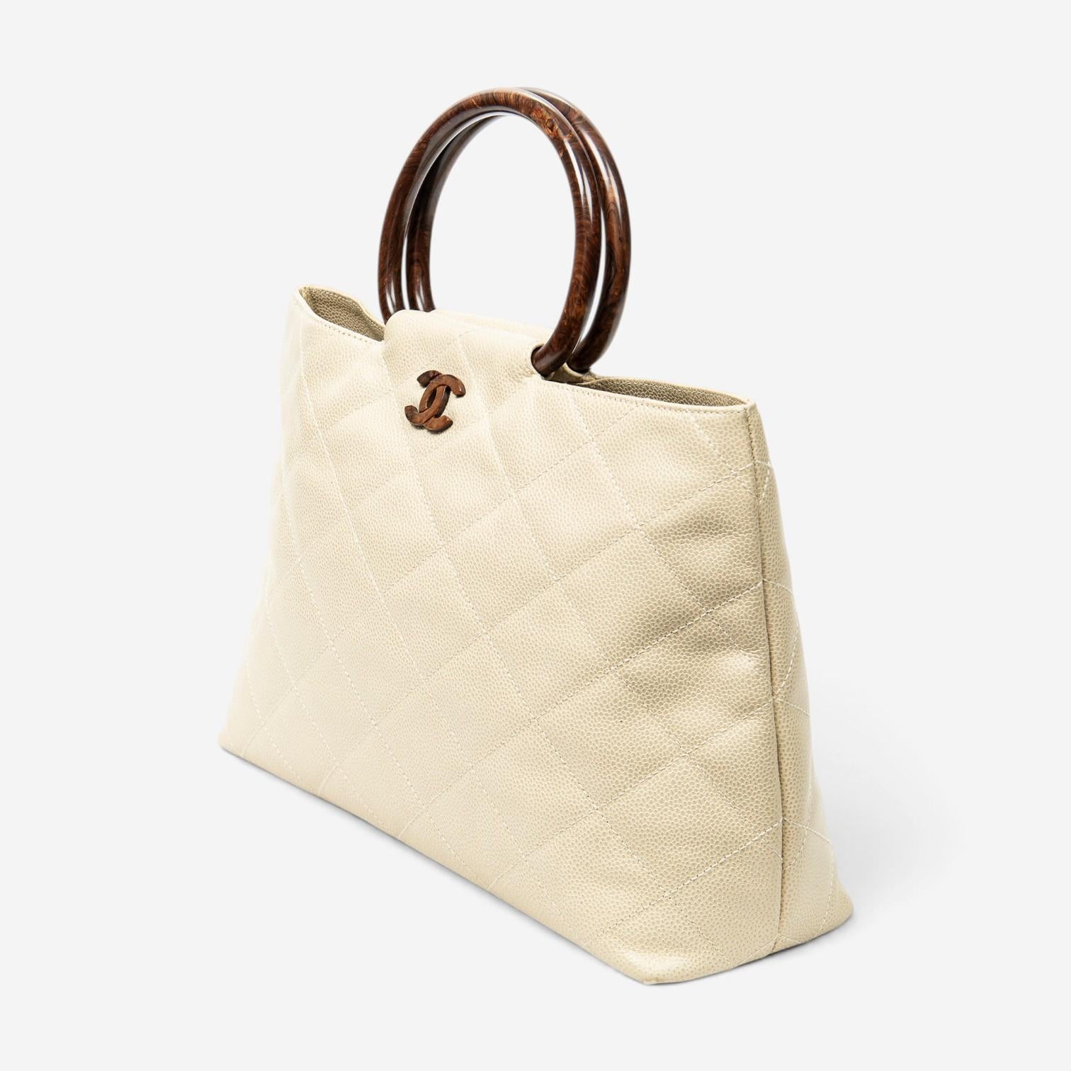 Chanel CC Ivory/Brown Calf Leather Wood Handle Tote ABD2842 — view 2
