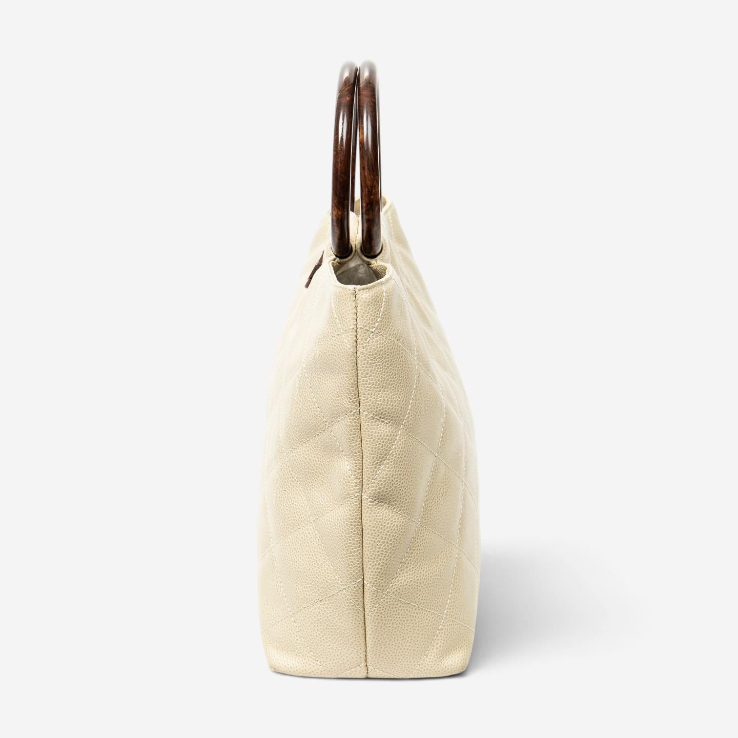 Chanel CC Ivory/Brown Calf Leather Wood Handle Tote ABD2842 — view 3