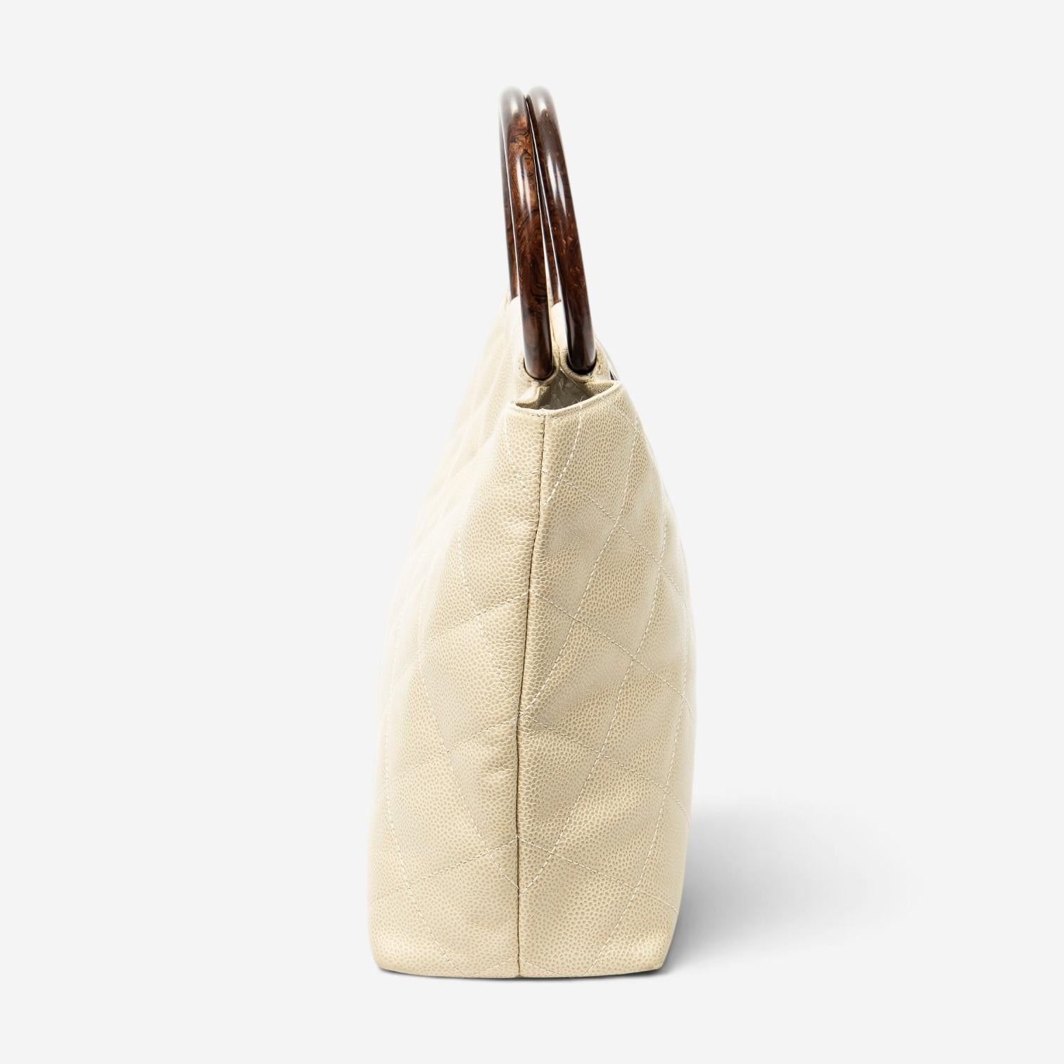 Chanel CC Ivory/Brown Calf Leather Wood Handle Tote ABD2842 — view 4