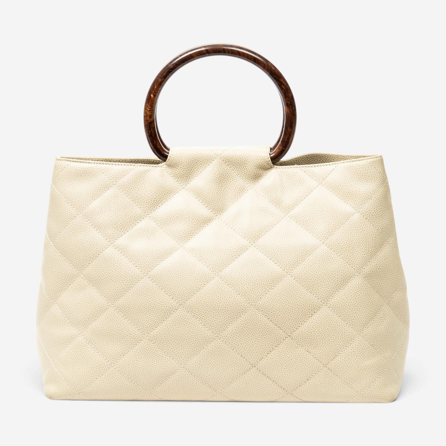 Chanel CC Ivory/Brown Calf Leather Wood Handle Tote ABD2842 — view 5