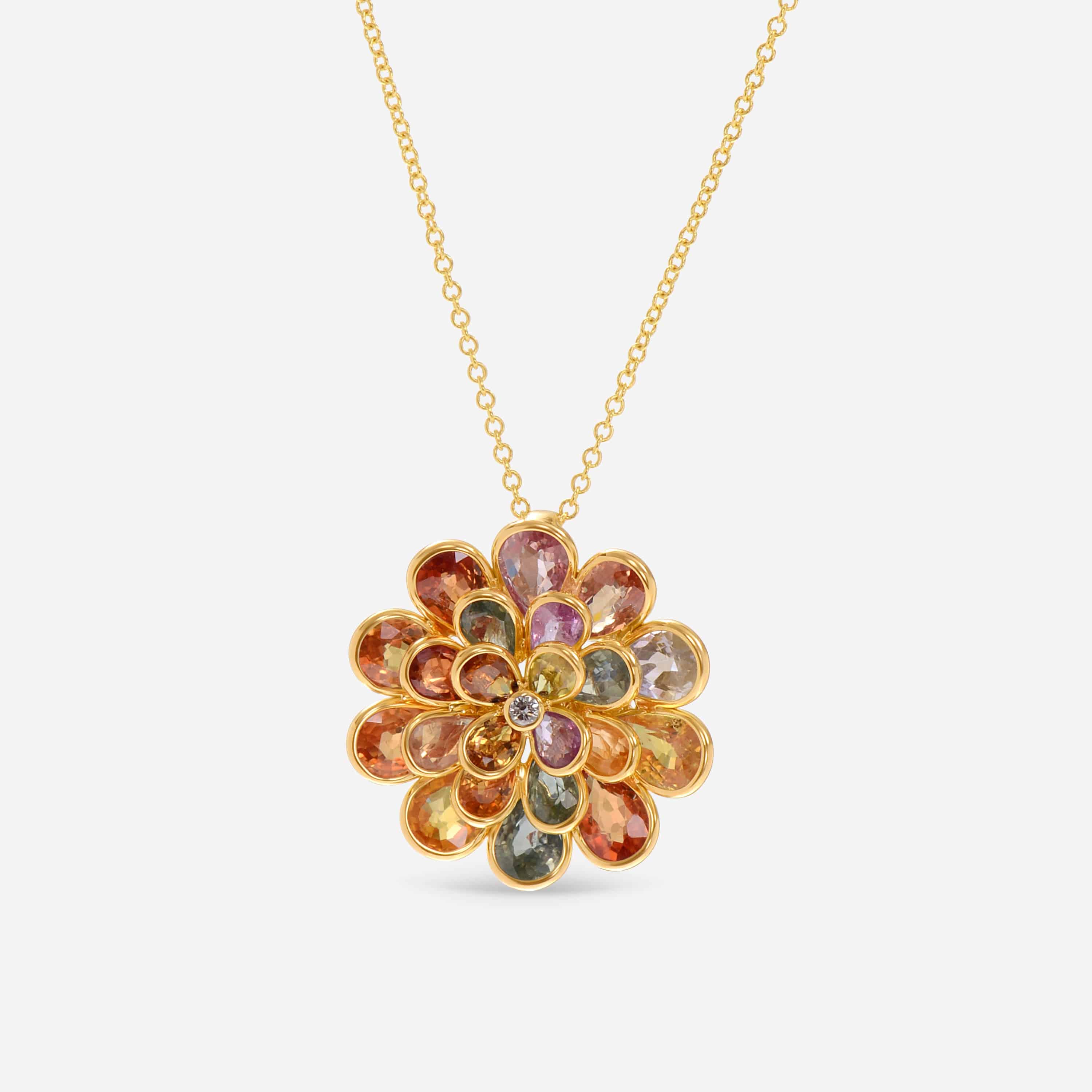 SuperOro 18K Yellow Gold, Multi Sapphire 4.50ct. tw. and Diamond Flower Pendant Necklace 107753