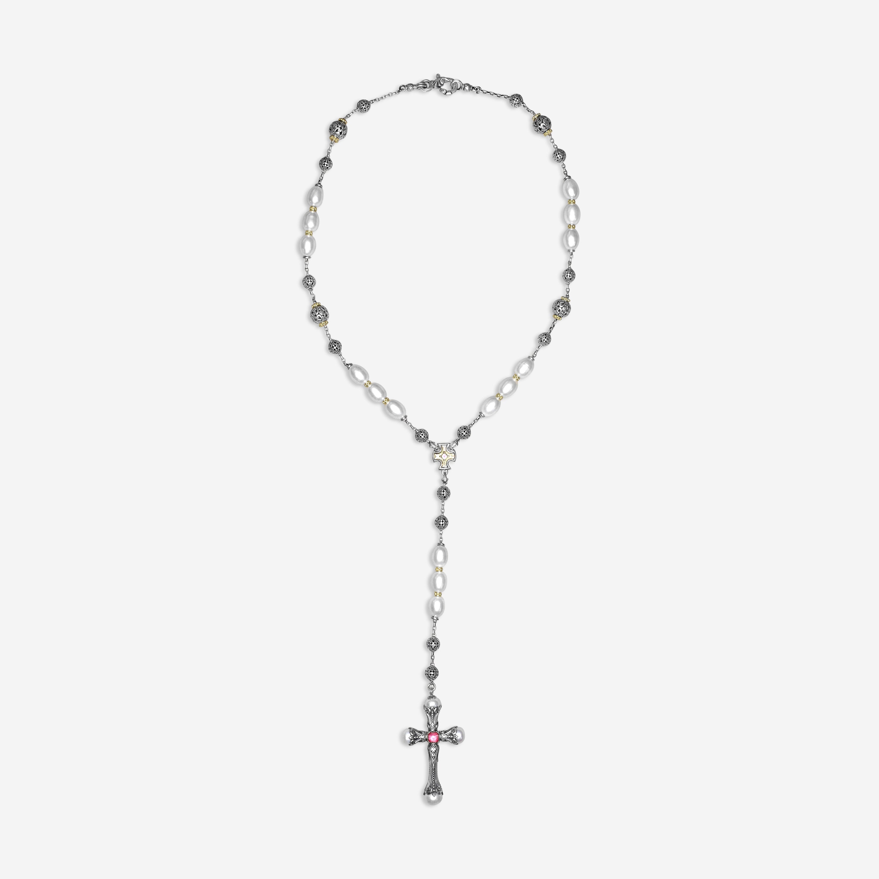 Konstantino Kleos Sterling Silver and 18K Yellow Gold, Pearl and Pink Tourmaline Lariat Necklace