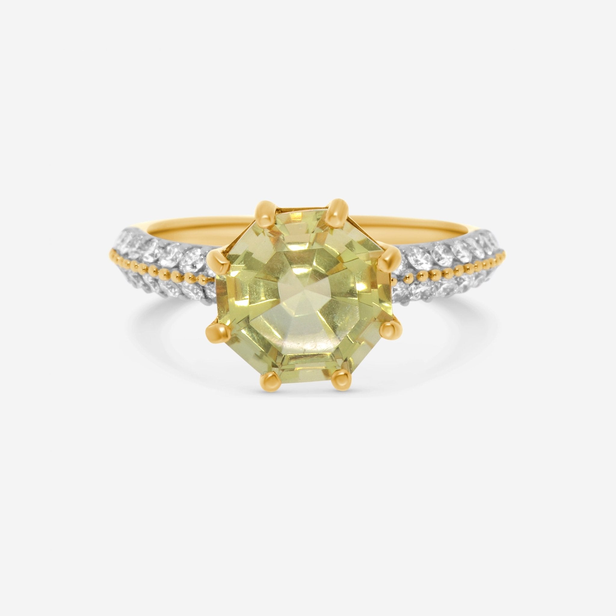 SuperOro 14K Yellow Gold, Octagonal Lemon Topaz and Diamond Gemstone Ring Sz. 6.5 60258